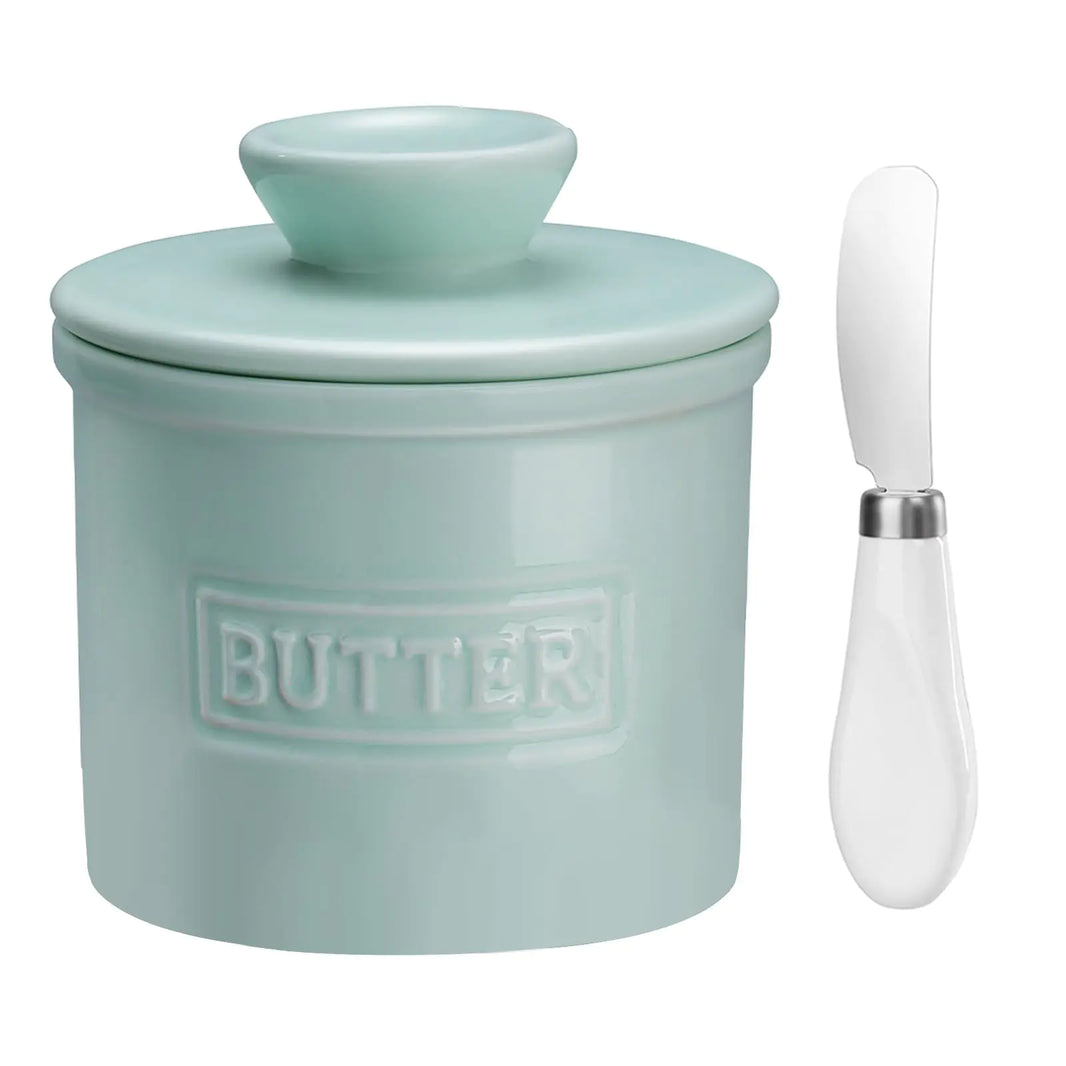 JSHKY French Butter Crock Keeper with Water Line The Original Porcelain Butter Dish with Knife for Counter Gift for Mother’s Day Thanksgiving Christmas Color: Green