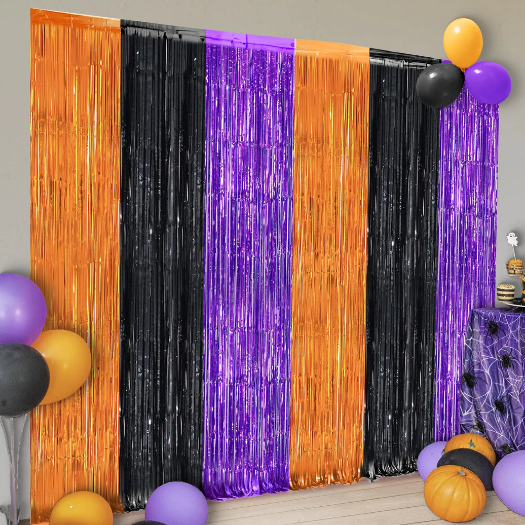 KatchOn Orange Black and Purple Foil Fringe Curtain - XtraLarge 3.2x6.5 Feet Pack of 2 | Halloween Streamers for Halloween Decorations | Halloween Backdrop Curtain for Halloween Party Decorations