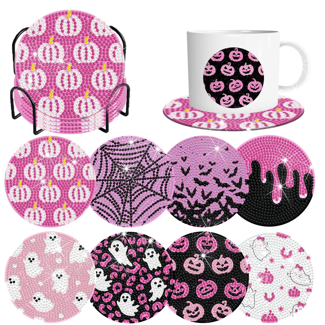 8 Pcs Halloween Diamond Art Painting Coasters Kits with Holder DIY Pink Halloween Diamond Art Coaster Halloween Diamond Dot Coaster for Adults Halloween Diamond Painting Kits Supplies for Gift