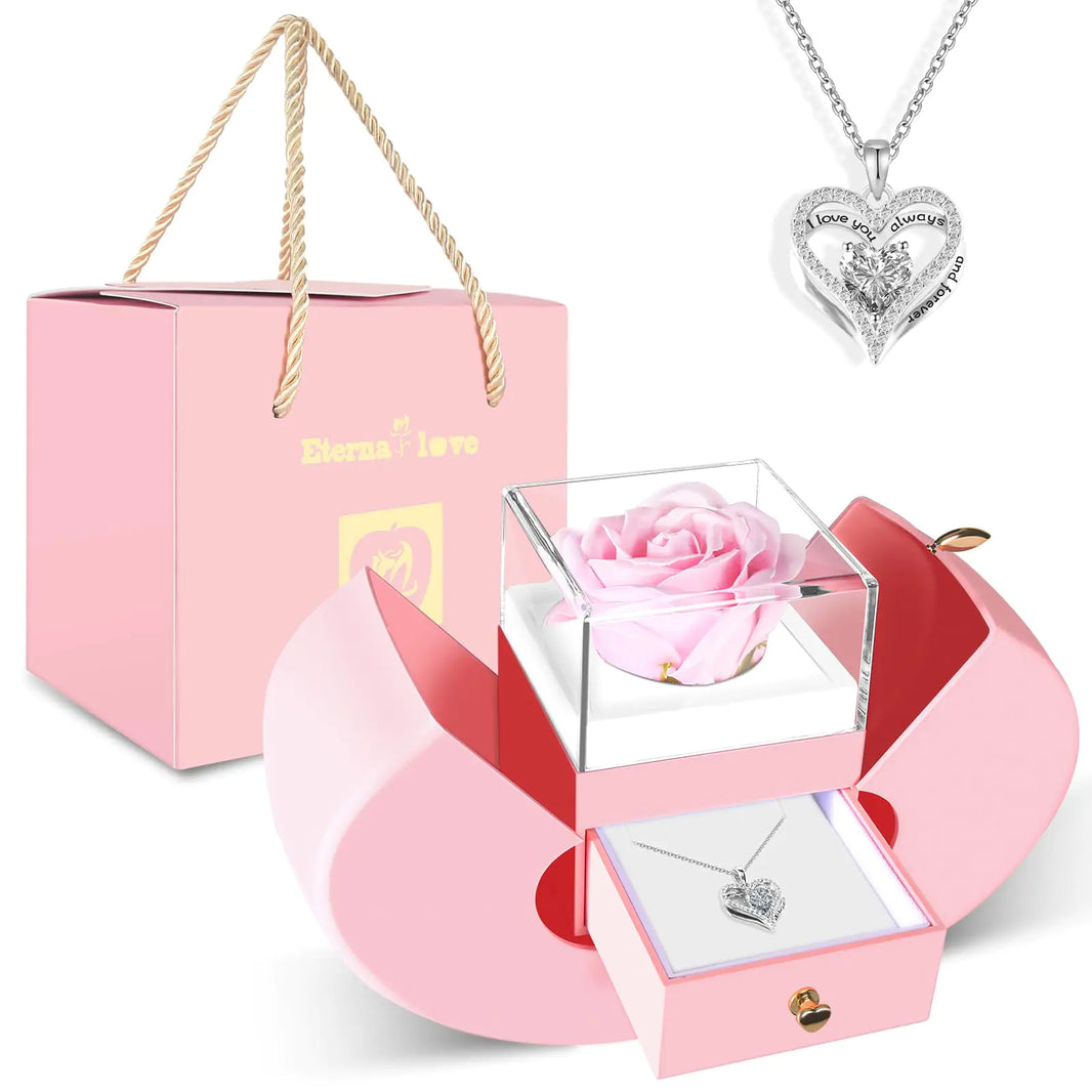 Eternal Pink Rose & Silver Heart Necklace Gift Set