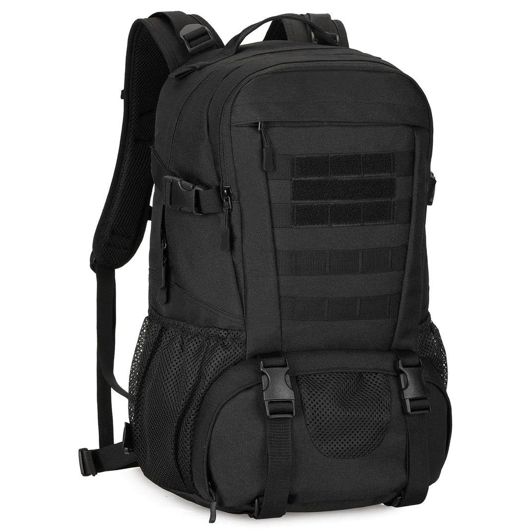 Black tactical backpack on a white background