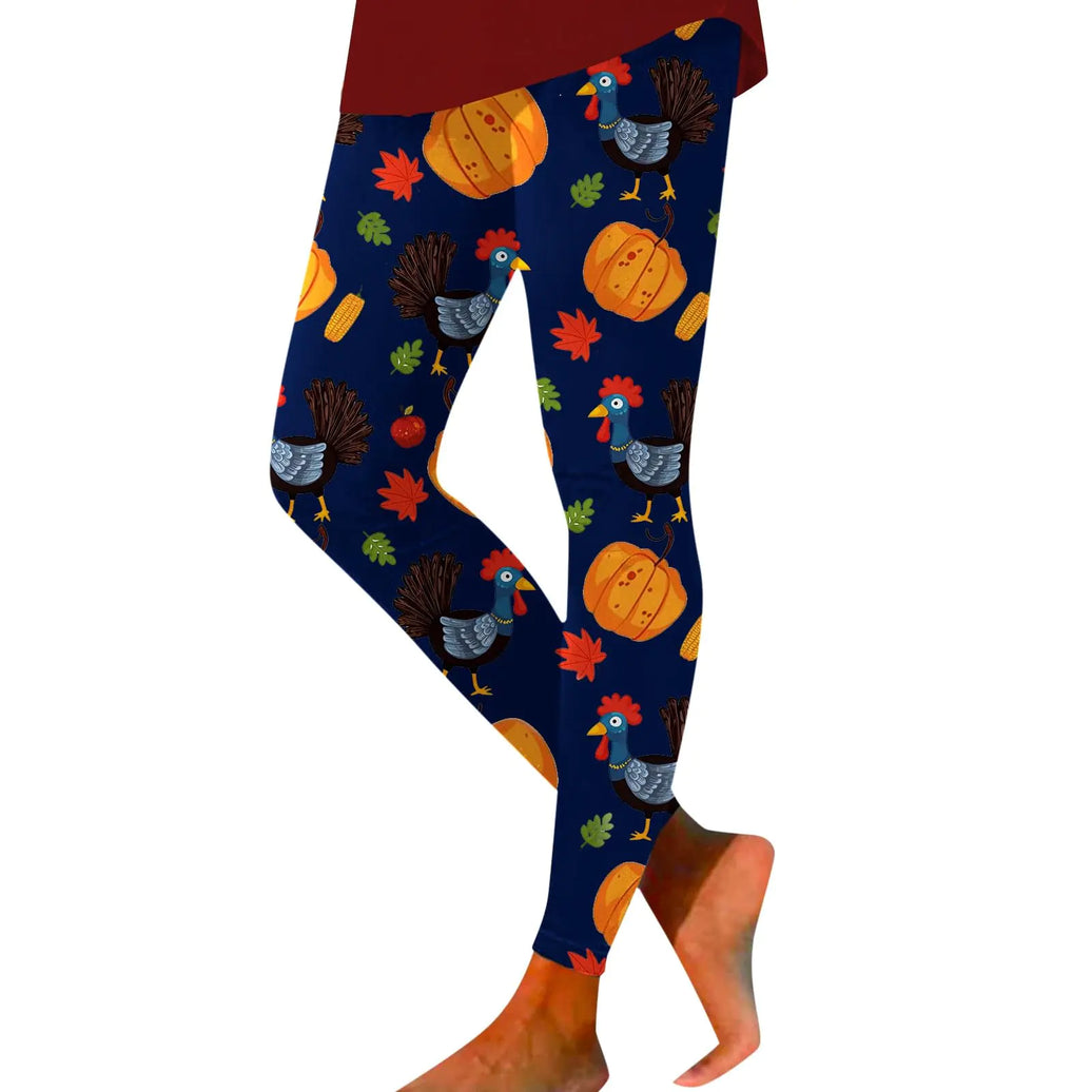 Festive Turkey Pumpkin Yoga Leggings - High Waist Navy