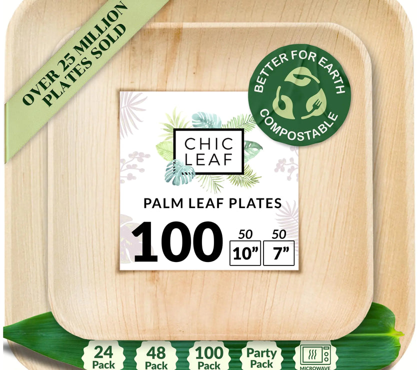 Eco-Chic Palm Leaf Dinnerware Set - Compostable Square Plates 100 Pack