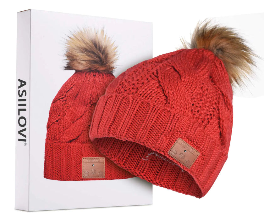 Pom-Pom Cozy Bluetooth Beanie - Red