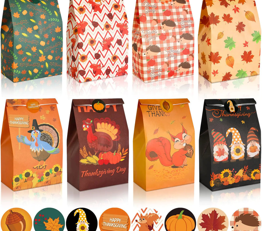 FEBSNOW Thanksgiving Gift Bags 20PCS Fall Goody bags with Stickers Autumn Candy Treat Bags Pumpkin Turkey Cookies Goodies Wrapping Bags Craft Paper Bags for Thanksgiving Party Favors Supplies
