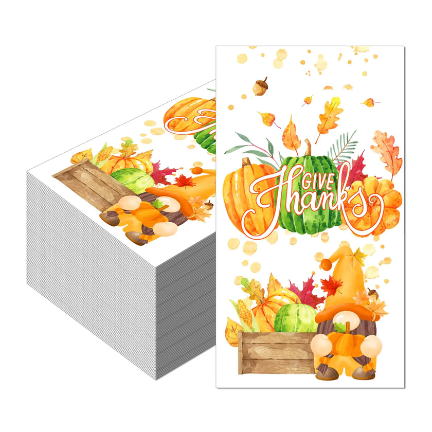 Isshrimp 100 Pack Fall Guest Paper TowelsGnome Thanksgiving Paper Hand Towel Hello Pumpkin Maple Leaves Paper Towels for Thanksgiving DayAutumnWeddingAnniversaryHolidayBaby Shower Decorative