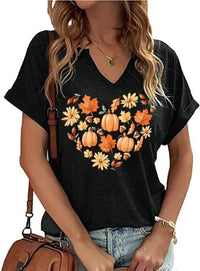 Autumn Heart V-Neck Tee - Women's Pumpkin and Floral Graphic