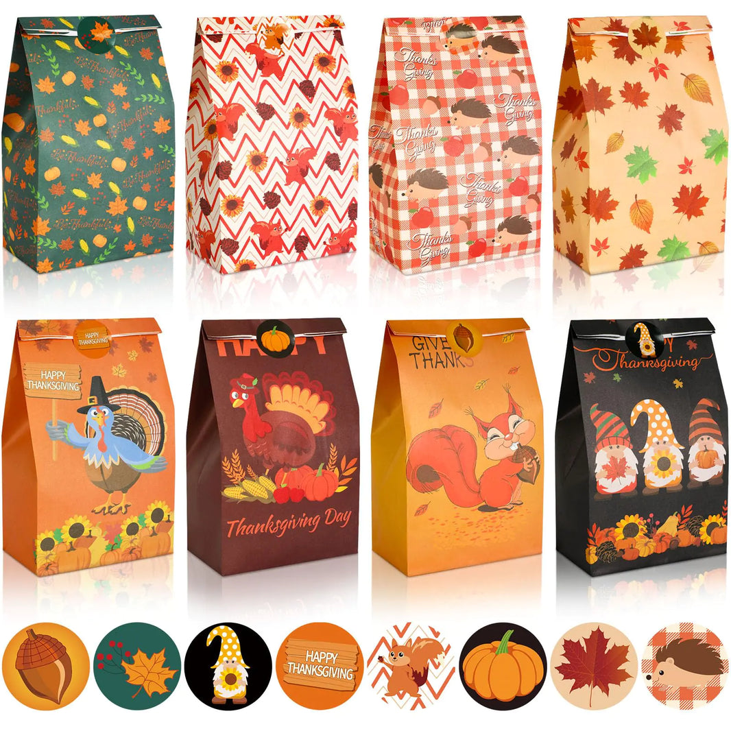 FEBSNOW Thanksgiving Gift Bags 20PCS Fall Goody bags with Stickers Autumn Candy Treat Bags Pumpkin Turkey Cookies Goodies Wrapping Bags Craft Paper Bags for Thanksgiving Party Favors Supplies