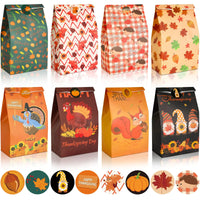 FEBSNOW Thanksgiving Gift Bags 20PCS Fall Goody bags with Stickers Autumn Candy Treat Bags Pumpkin Turkey Cookies Goodies Wrapping Bags Craft Paper Bags for Thanksgiving Party Favors Supplies