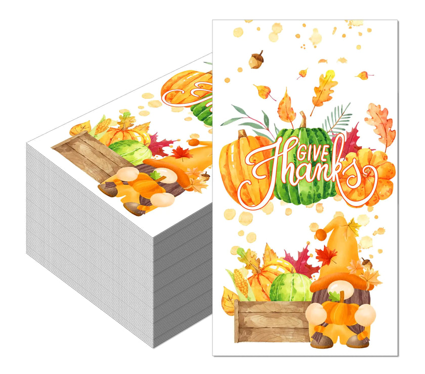 Isshrimp 100 Pack Fall Guest Paper TowelsGnome Thanksgiving Paper Hand Towel Hello Pumpkin Maple Leaves Paper Towels for Thanksgiving DayAutumnWeddingAnniversaryHolidayBaby Shower Decorative