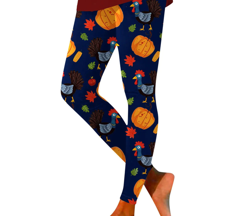 Festive Turkey Pumpkin Yoga Leggings - High Waist Navy