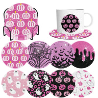 8 Pcs Halloween Diamond Art Painting Coasters Kits with Holder DIY Pink Halloween Diamond Art Coaster Halloween Diamond Dot Coaster for Adults Halloween Diamond Painting Kits Supplies for Gift
