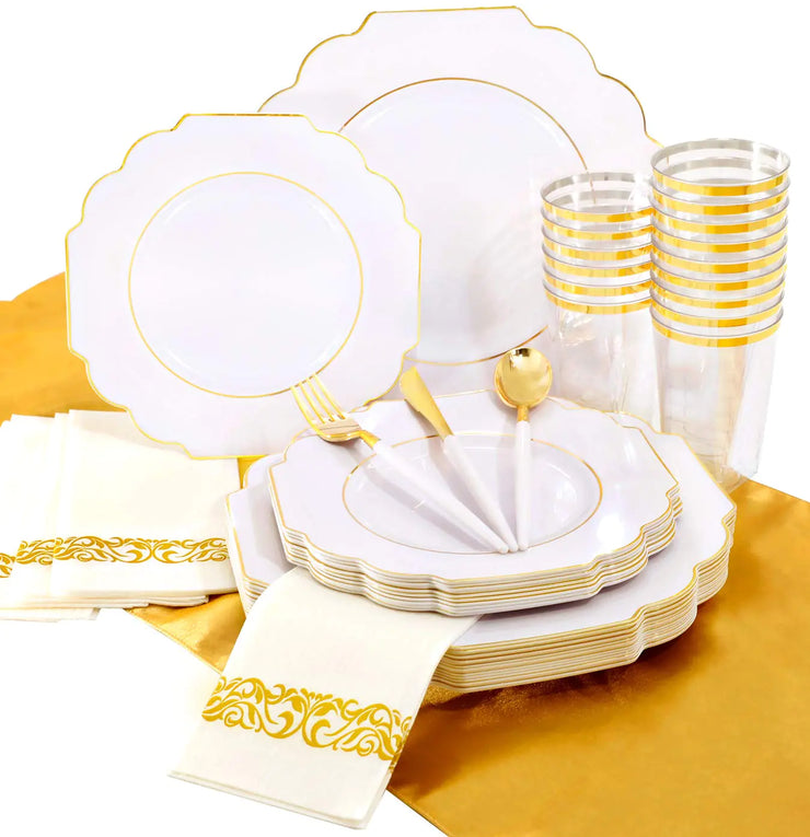Elegant Gold Festive Tableware Set 140PCS - Includes Plates, Cups & Cutlery
