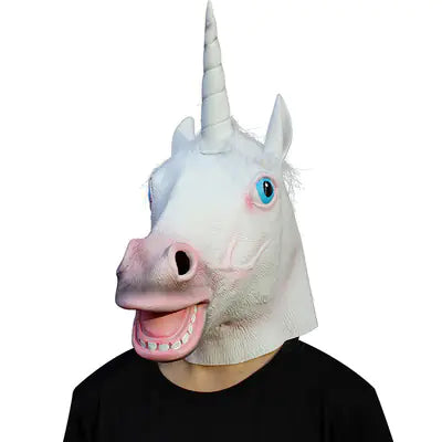 Unicorn mask with a white horn and pink mouth on a person wearing a black shirt.