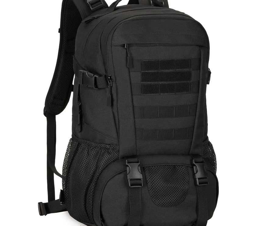 Black tactical backpack on a white background