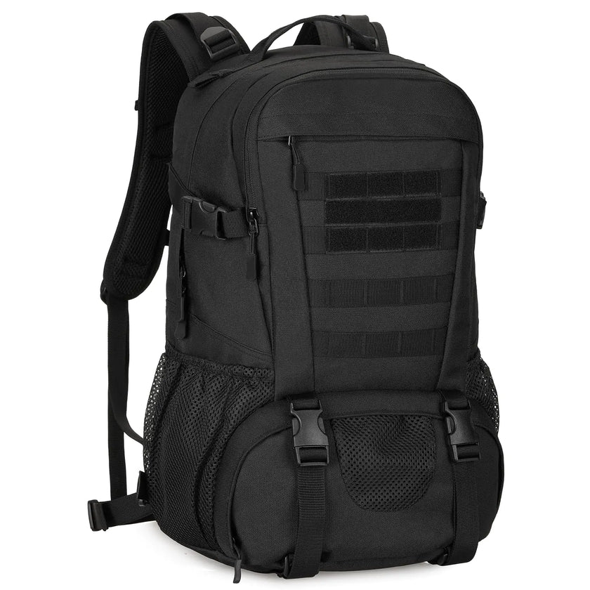 Black tactical backpack on a white background