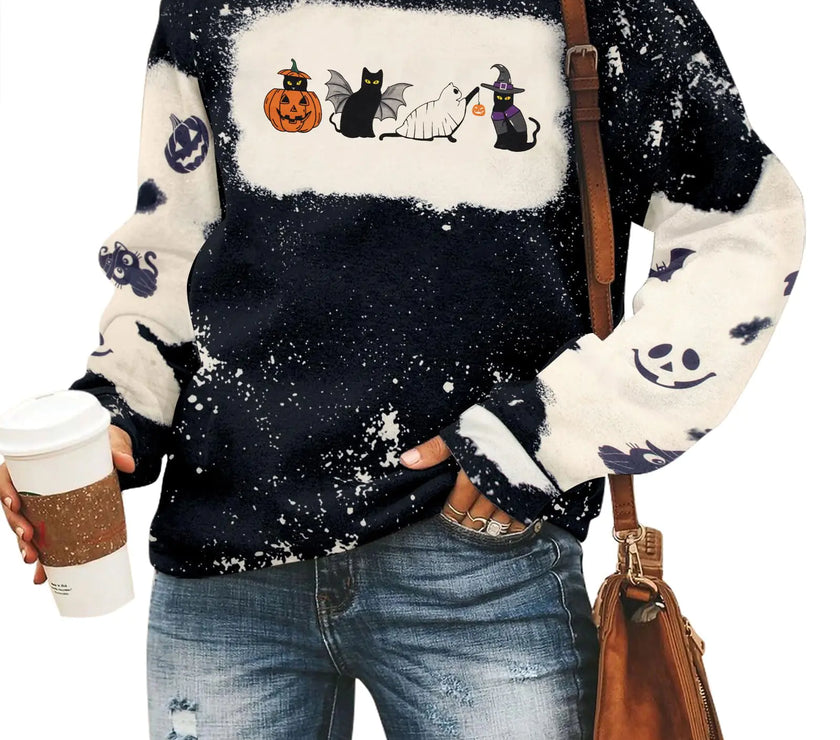Spooky Cat Pumpkin Crewneck - Women's Halloween Top
