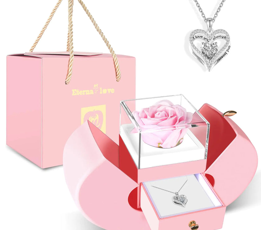 Eternal Pink Rose & Silver Heart Necklace Gift Set