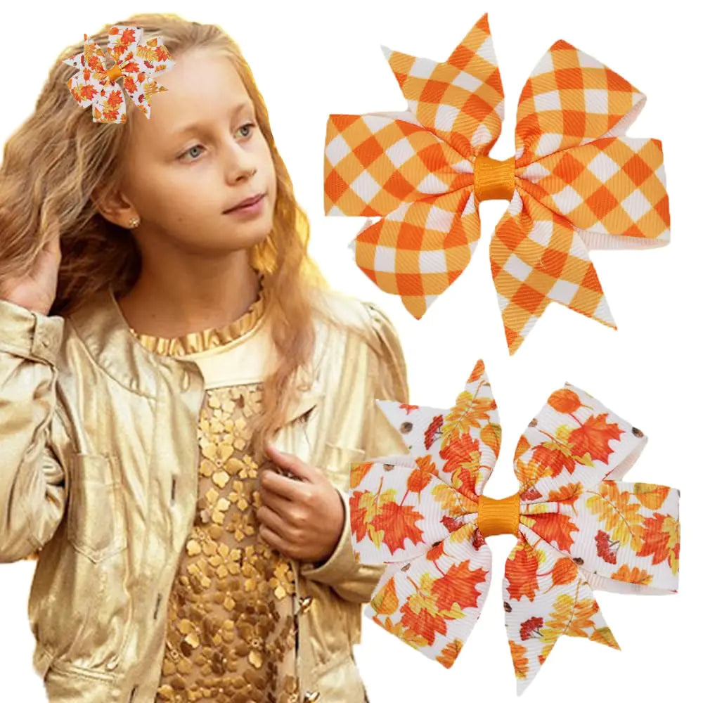 Autumn Orange Leaf Bow Hair Clips