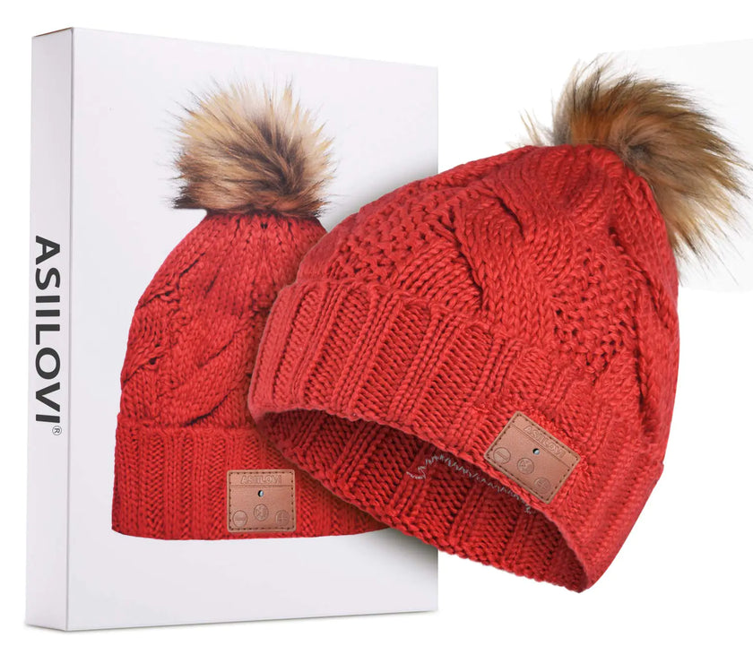 Pom-Pom Cozy Bluetooth Beanie - Red