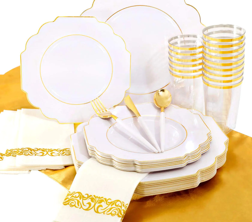 Elegant Gold Festive Tableware Set 140PCS - Includes Plates, Cups & Cutlery