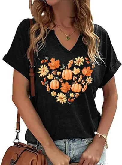 Autumn Heart V-Neck Tee - Women's Pumpkin and Floral Graphic